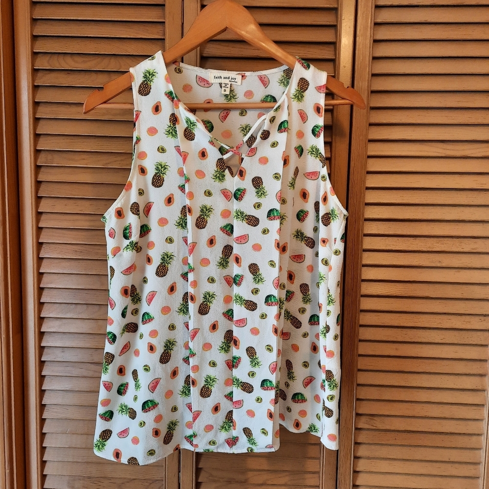 Faith & Joy Tropical Fruit Print Sleeveless Blouse